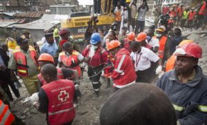 Rescures at the scene of a collapsed building in Nairobi