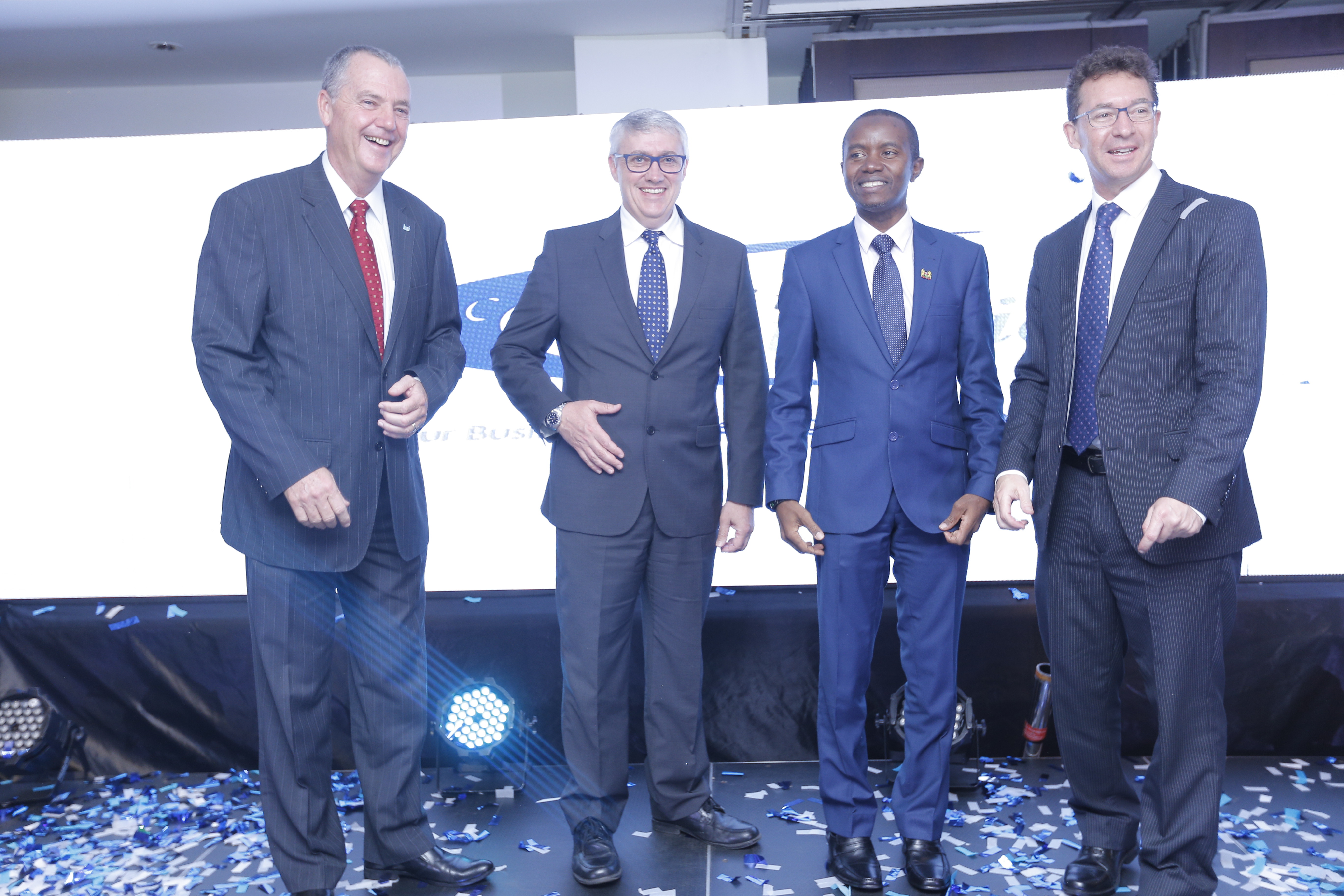 (L-R) Continuity East Africa CEO Pete Frielinghaus, Continuity South Africa CEO William Davies, Cabinet Secretary Ministry of Information, Communication and Technology Hon Joe Mucheru and Internet Solutions Managing Director Richard Hechle during the unveil moment at the launch ceremony of Continuity East Africa Business at Sankara Hotel, Westlands, Nairobi. Continuity East Africa, a subsidiary of Internet Solutions, will offer Business Continuity Management Services to public and private organizations in the East African region.