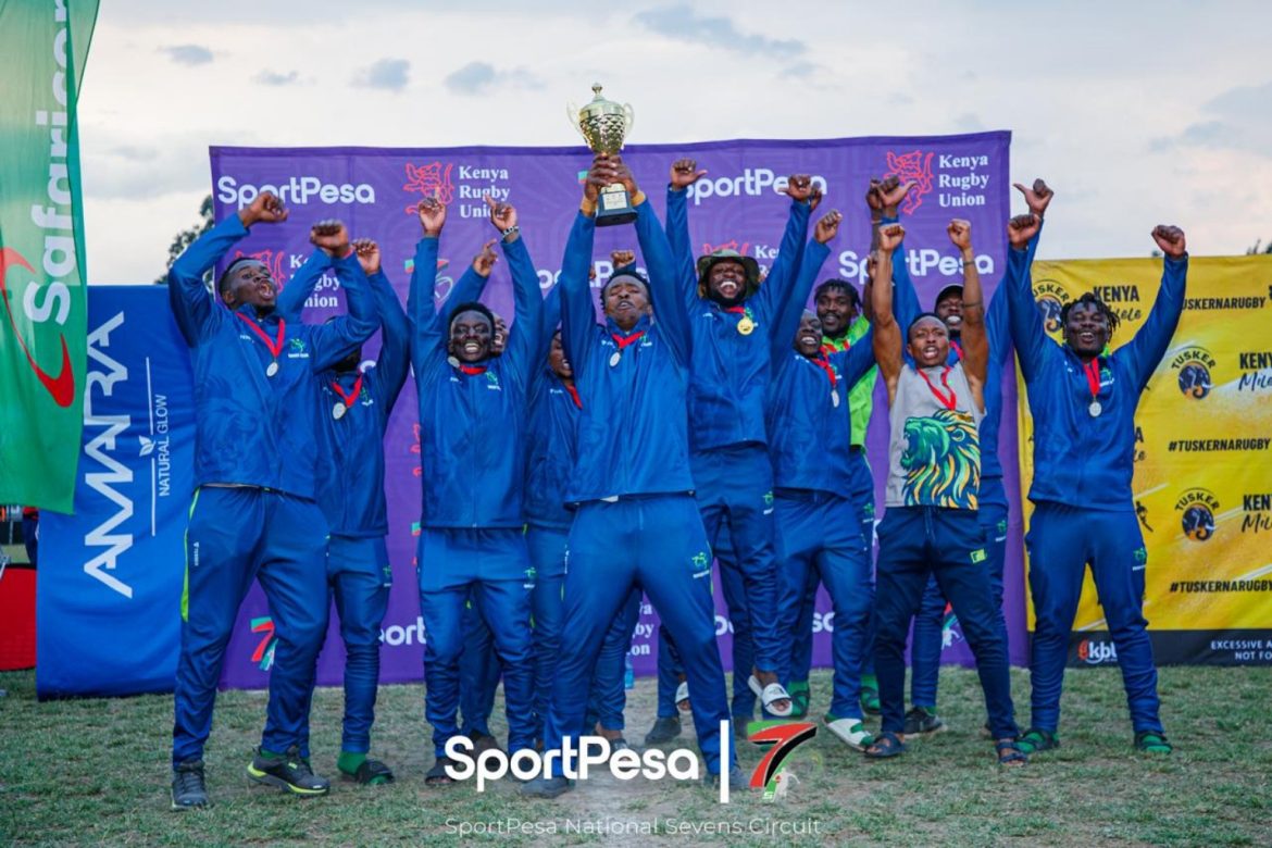 KCB Rugby Club celebrate their Prinsloo 7s title victory over Kabras Sugar.