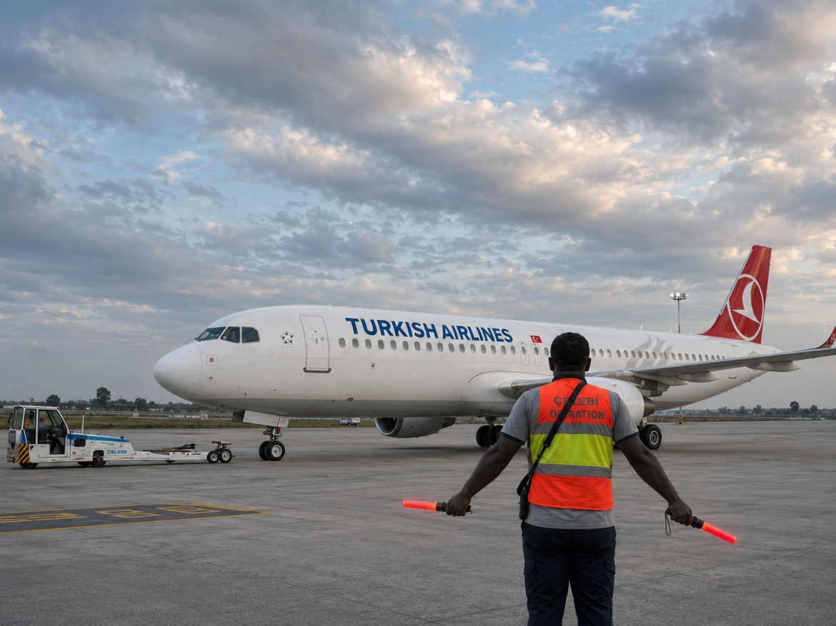 Turkish Airlines aircraft taxiing at JKIA under Çelebi Aviation handling